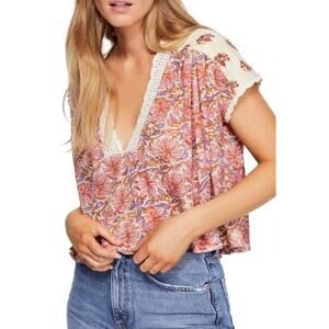 Free People Pink and Cream Ruffled Crop Blouse